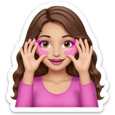 girl with long wavy brown hair, brown eyes, long lashes, sexy pink lips, light to medium complexion, wearing a pink sexy top, smiling, hands covering over the eyes sticker