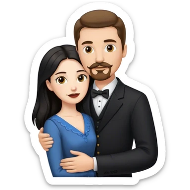 tall white man with brown hair goatee mustache hugging a pale woman with long black hair, wearing formal clothing sticker