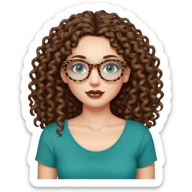 a blue green eyed woman with very very long brunette curly hair, full lips,and pale skin. She is wearing a leopard printed thin round-ish glasses . She is wearing a brown tshirt with a wide neck opening. sticker