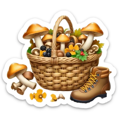 Icon for Mushroom and Berry Tourism: a basket filled with mushrooms chanterelles, boletus and aspen and berries, surrounded by forest elements like trees, leaves and a hiking boots. The icon should capture the joy of foraging in nature. Transparent background. sticker