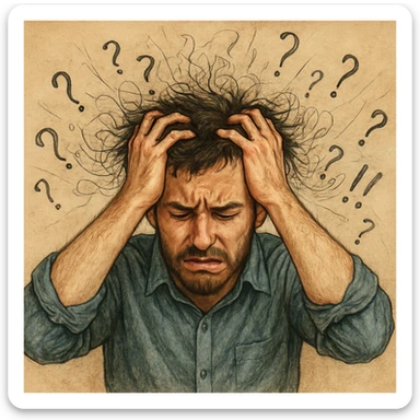 Realistic or illustrative style image of a 30-year-old man suffering from anxiety, inspired by the reference image. The man has hands in his hair with closed eyes. The background contains chaotic lines and question marks, conveying an atmosphere of mental confusion. sticker