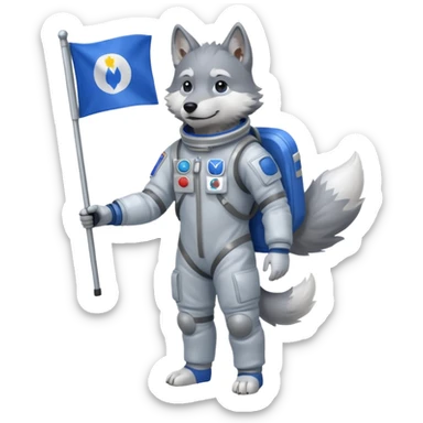 a wolf in space suit, holding blue rectangle flag, full body sticker