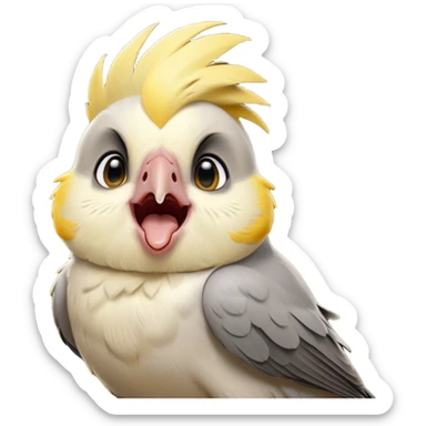 Cinematic Cute Yawning Cockatiel Portrait Emoji, Head tilted slightly with a dramatic, wide-open yawn, showcasing a soft grey fur with subtle yellow accents and gently drooping crest feathers, round dark eyes barely open in drowsy contentment, Simplified yet irresistibly adorable features, highly detailed, glowing with a soft, cozy glow, high shine, relaxed yet expressive, stylized with a touch of whimsy, bright and endearing, soft glowing outline, capturing the essence of a sleepy yet affectionate cockatiel, so drowsy it feels like it could stretch out of the screen and curl up for a nap! sticker