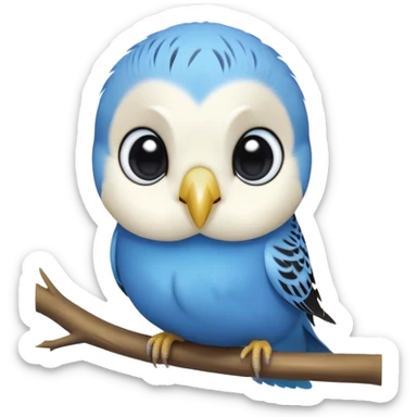 cinematic-cute-blue-budgie-portrait-emoji,-head-tilted-playfully-and-inquisitively,-featuring-a-brilliant-blue-feathered-fur-and white and black face-with-a-natural-sheen,-round,-sparkling-dark-eyes-filled-with-curiosity,-simplified-yet-irresistibly-adorable sticker