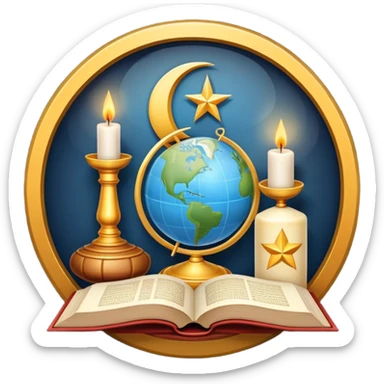 An icon featuring a holy book, a candle, a cross, and Islamic crescent and star, alongside a Buddhist wheel of Dharma, symbolizing religious studies. The design includes a globe with these symbols, representing the diversity of beliefs. Transparent background  sticker