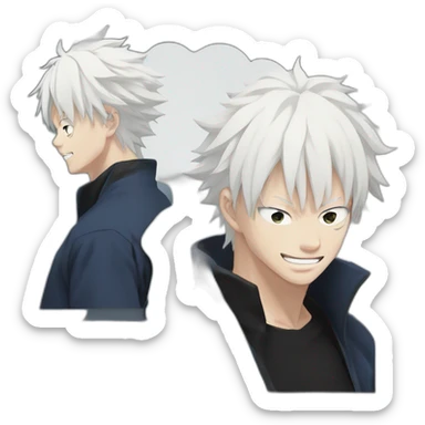gojo satoru smiling from jujutsu kaisen with white hair, blue sky eyes, wear a black tshirt sticker