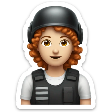 operator dressed in black with a milatary helmet, without glasses, wearing a headset, ready to respond to alerts, preferably curly redhead female  sticker