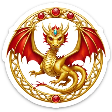 Golden Dragon with wings crest/brosch in a circle with red gems sticker