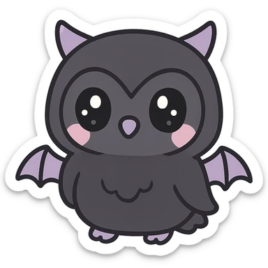 kawaii style gothic owl, cute face, black feathers, purple accents, big eyes, tiny bat wings, mysterious and friendly sticker