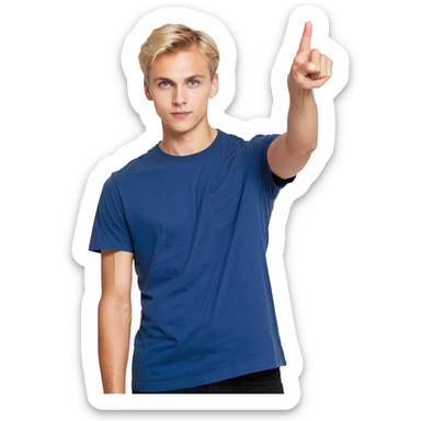 Flat pixel art, confident male leader, Caucasian, short neat blonde hair, sharp eyes, indigo T-shirt, one arm raised pointing out, waist-up, front-facing sticker