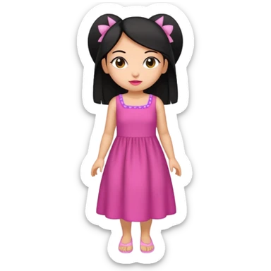 Gordita, ojos pequeños de color cafe oscuro, labios pequeños y rosados, piel trigueña, orejas pequeñas, cabello largo lazio y negro, pequeña. cuerpo completo. sticker