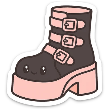 BLACKPINK-inspired gothic shoes, no hearts, black and pink, cute and stylish, kawaii style, pastel orange accents, platform boots with buckles sticker