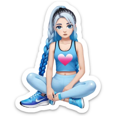 Broken hearted-Female-very very very large chest-texting on a samsung cell phone-very long straight braided black to sky blue hair ombre-blue eyes-black eyeliner-long eyelashes-iridescent low cut tank top with glitte logo-white leggings-nike high top sneakers sticker