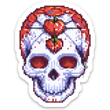 calavera con una X roja detrás, estilo pixel art sticker