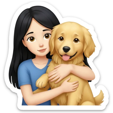 A girl with long black  hair tightly hugged a Golden Retriever sticker
