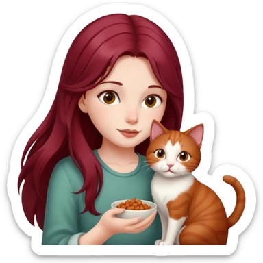 Beautiful, long, burgundy haired girl, feeding cat sticker