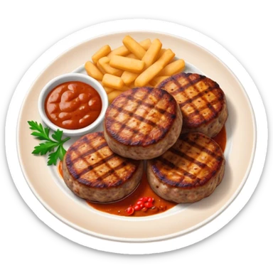 Cinematic Realistic image of Turkish Köfte, presented as perfectly formed, spiced meat patties with detailed textures and subtle grill marks, arranged artfully on a simple plate and illuminated by warm, appetizing lighting that accentuates their savory appeal. sticker