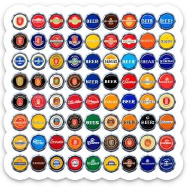 Icon for Beer Cap Collecting: a collection of colorful beer caps from different brands, arranged neatly on a table or in a display case. The icon should reflect the variety and charm of beer cap collecting. Transparent background. sticker