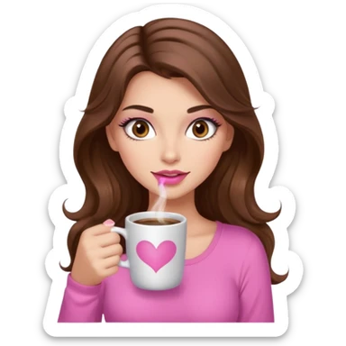 girl with long wavy brown hair, brown eyes, long lashes makeup, sexy pink lips, light to medium complexion, pink sexy top, with a hot coffee mug sticker