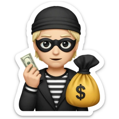 a short ios emoji-style portrait of a classic burglar, a black eye mask and a black-and-white striped shirt. emoji-like hair, black hat, ONE bag of money 💰 with a dollar sign in a right corner, evil expression WITHOUT a hand  sticker
