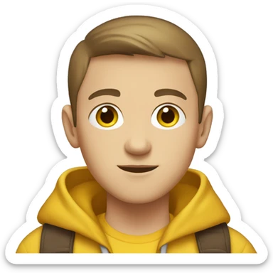 a young white boy with short brown hair (a buzzcut) and brown eyes with yellow hoodie sticker