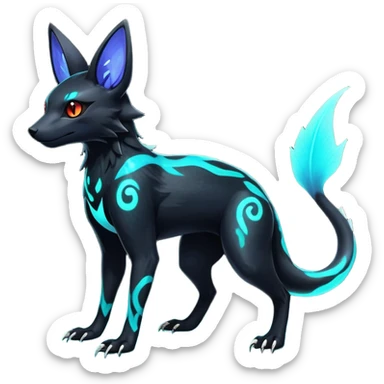 Rare realistic dark-neon glowing bioluminescent edgy badass epic pretty beautiful handsome gorgeous aesthetic colorful vibrant Vernid-Trico-Umbreon-Salandit-hybrid-species-Fakemon-creature by LiLaiRa, 4 legs, 1 tail, random markings, (full body) sticker