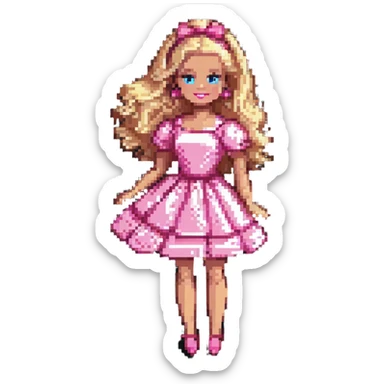 Barbie, classic doll with blonde hair, pink dress, cheerful expression, in a playful pose, pixel art style sticker