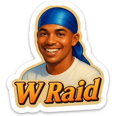 Smiling 
make his shirt white
Change His durag To BLUE
Make it say "  W Raid " sticker
