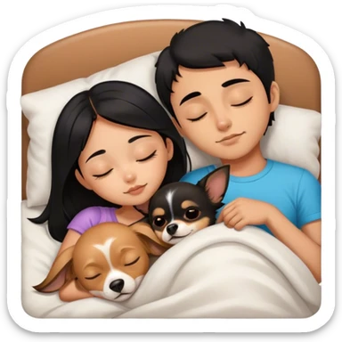 Coquette teenage cute asian black hair girl sleeping with brown longhair chihuahua and brazilian-guy, short-beard, short-black-hair sticker