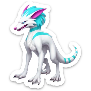 White elegant beautiful natural cute badass epic anthro modern albino sergal-vernid-Fakémon with cyan mane and magenta eyes with cyan edgy stripes, anthropomorphic, two-legged, digitigrade, full body sticker