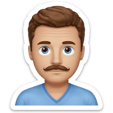 Benson Boone blue eyes, brown wavy hair and mustache, light blue v-neck shirt sticker