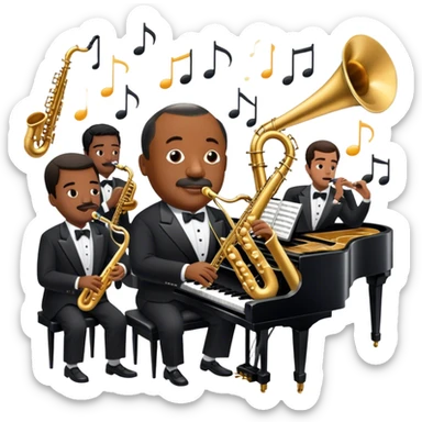 Icon for Jazz Music: Count Basie Orchestra, with Count Basie at the piano surrounded by jazz musicians playing instruments like saxophones, trumpets, and drums. Floating musical notes should capture the energetic and smooth vibe of big band jazz. Transparent background. sticker