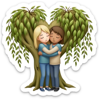 heart-shaped weeping willow tree surrounding two friends hugging in a comforting way, supportive embrace, with small heart symbol sticker