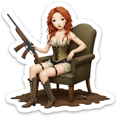 realistic cinematic Tori Amos sits on a rocking chair in a torn corset, holding an antique rifle and her bare feet are muddy. A white snake is wrapped around the chair. sticker