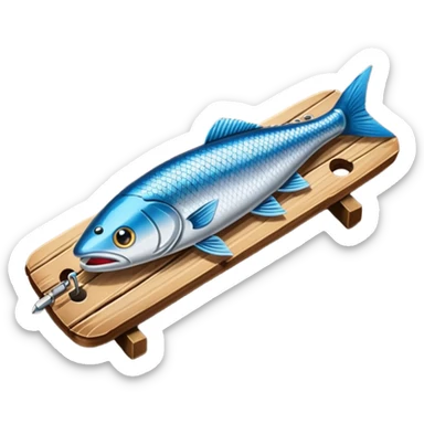 A metal lure set arranged on a wooden plank sticker