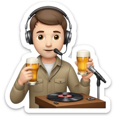a middle aged white male radio presenter, with short brown hair and slightly unshaven, wearing headphones, speaking into a microphone, with a beer in his right hand and vinyl record in his left hand sticker