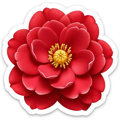 simple red camellia flower with exactly five overlapping petals and yellow center sticker