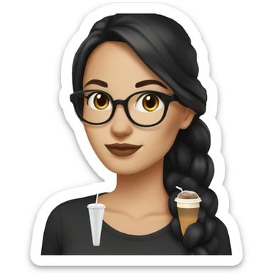White girl with long black hair in a low ponytail, cat eye brown glasses in a black shirt drinking iced coffee sticker
