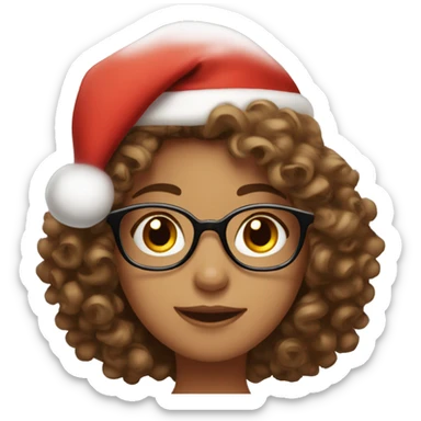 christmas girl with brown, large and curly hair, brown eyes, wearing glasses and a santa's hat sticker