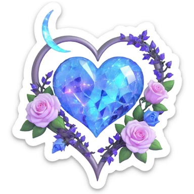 gothic heart made of pearl white glass, silver crescent moon, lavender roses, holographic stardust, neon blue lightning, drenched and splintered glass sticker