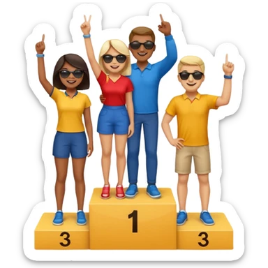 three casually dressed multi-racial people on a winners podium with the center step higher, no numbers, center person holds up one finger on each hand, cheerful fun expressive emoji style sticker