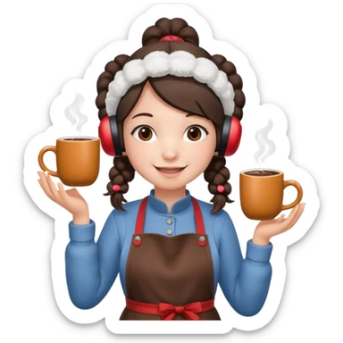 A cozy pig tail hair vendor with fluffy earmuffs, wearing apron handing out steaming cocoa with a warm smile. sticker