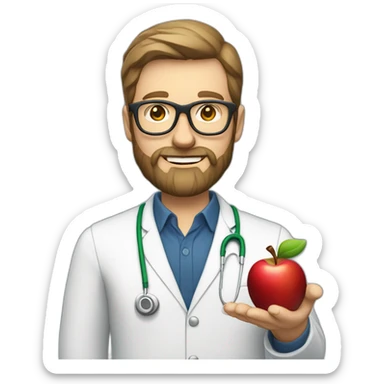 A male nutritionist with a full beard and dark blonde hair and white skin and glasses holding an apple in his hand. sticker