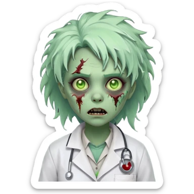 zombie scientist woman portrait, head and shoulders only, torn lab coat collar, pale green skin, stitched face details, glowing eerie eyes, messy hair, creepy but cute cartoon style, 3D cartoon, mobile game icon style, clean background, no text, no watermark
 sticker