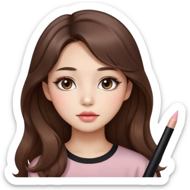 “korean straight brown hair Emoji girl, soft eyeliner and blush, gradient lips, light brown shimmer eyeshadow, long wavy hair,  sticker