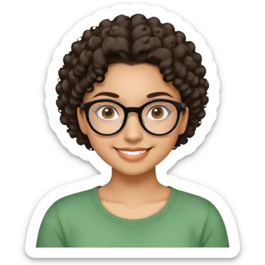 Young Latina woman with light brown skin. Round friendly face. Dark brown eyes with black-framed glasses. Thick arched eyebrows. Short voluminous curly hair. Big smile showing dimples. Wearing a green casual top. sticker