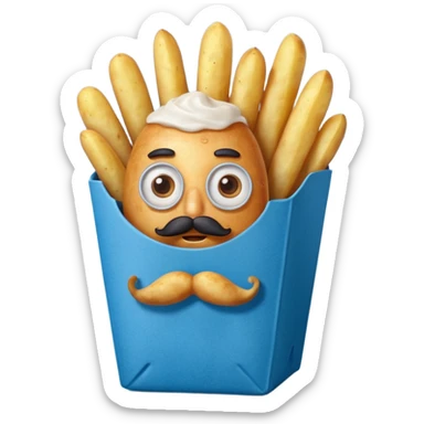 long fried potatoes in a blue carton, carton has eyes and mustache sticker
