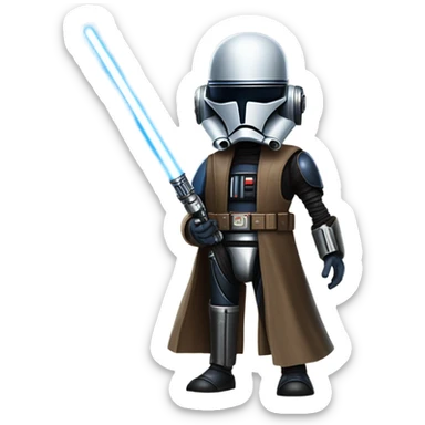 tough well-equipped jedi first order darkblue-pearl C3po as a friendly bounty hunter droid wearing a leather attire old west duster coat holding light saber ready  sticker