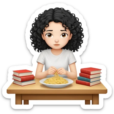generate a pretty bratz fair skinned girl with curly black hair wearing a white tshirt sitting on a table with noodles and books. looking sleepy and tired and sad sticker