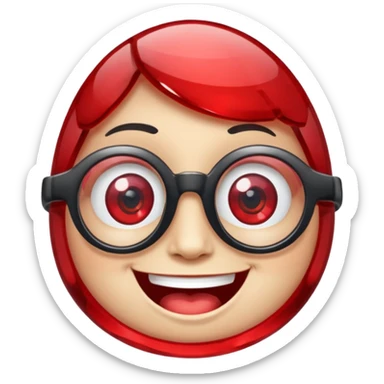 A single crystal gemstone character wearing glasses, chunky and irregular with faceted sides, [red], big glossy eyes behind the glasses and a wide happy smile, , high detail, soft lighting, centered on a plain dark background sticker